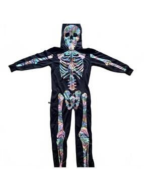 Tipsy Elves Skeleton Onesie Youth XL Black Iridescent Halloween Costume Zip